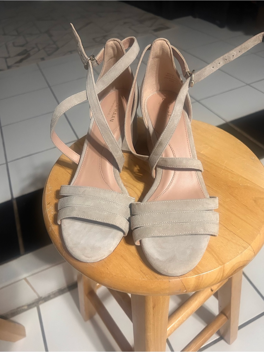 Cole Haan Light Beige Gray Suede Strappy Ankle-Heel Sandals